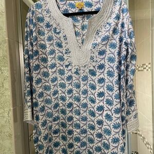 Roller Rabbit blue Floral tunic metallic trim cotton tunic-size large